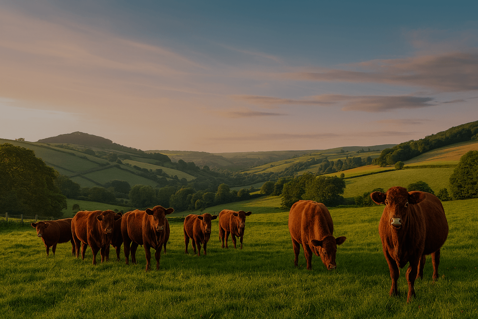 Bathed in golden morning light, Devon cows graze peacefully across lush valley pastures. Rolling hills and scattered trees stretch into the distance, framing a tranquil countryside scene that captures the heart of rural life.